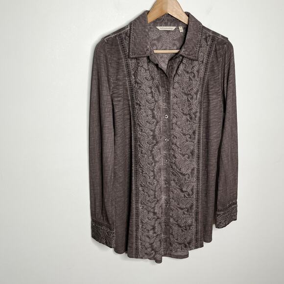 Soft Surroundings Womens Long Sleeve Button Up Shirt M Brown Floral Embroidery - Picture 2 of 8